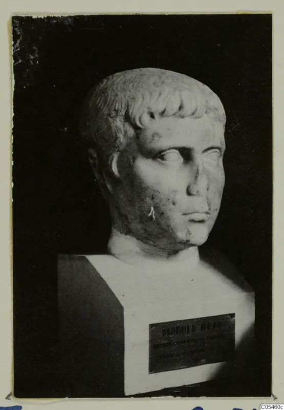 Roman sculpture: a stone head and bust with short curled hair, photographed against a dark background