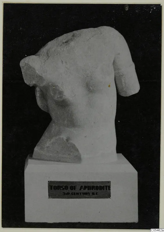 Torso of a carved pale stone statue on a white pedestal, shown against a black backdrop