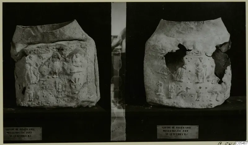 Sculpted lead box shown in two views, with relief figures in panels on its sides