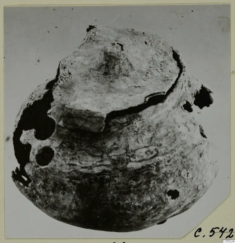 Corroded lead container with a raised lid, shown on a card mount