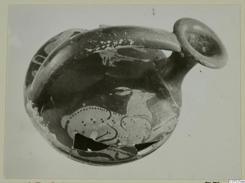 Red-figured pottery vessel with a strap handle and a painted animal on the body, from Marion