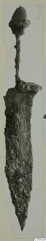 Corroded iron blade with a knob-shaped pommel and cross guard, shown upright against a pale card mount