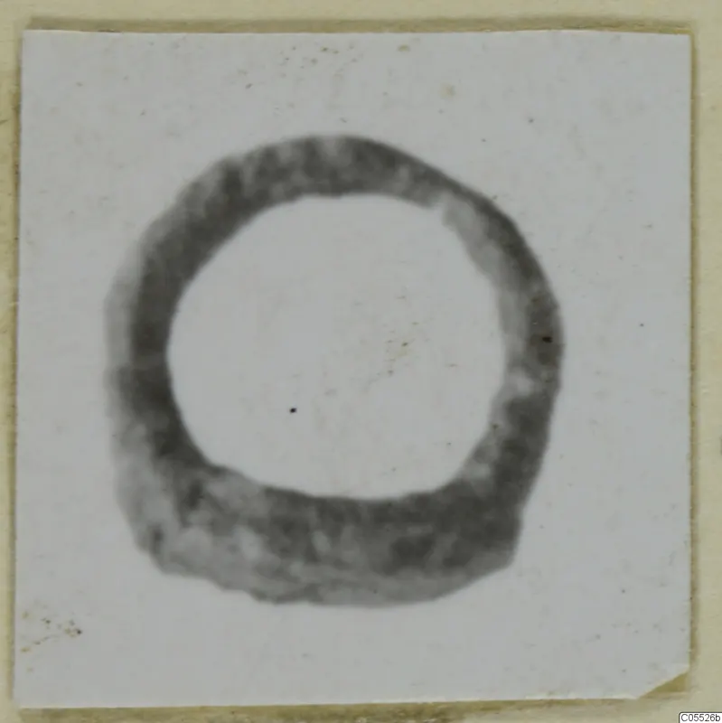 Ring-shaped iron object from Marion, photographed face-on on a light card mount