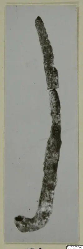 Long, slender metal object, broken into two pieces, curving at the lower end into a loop with a hole.