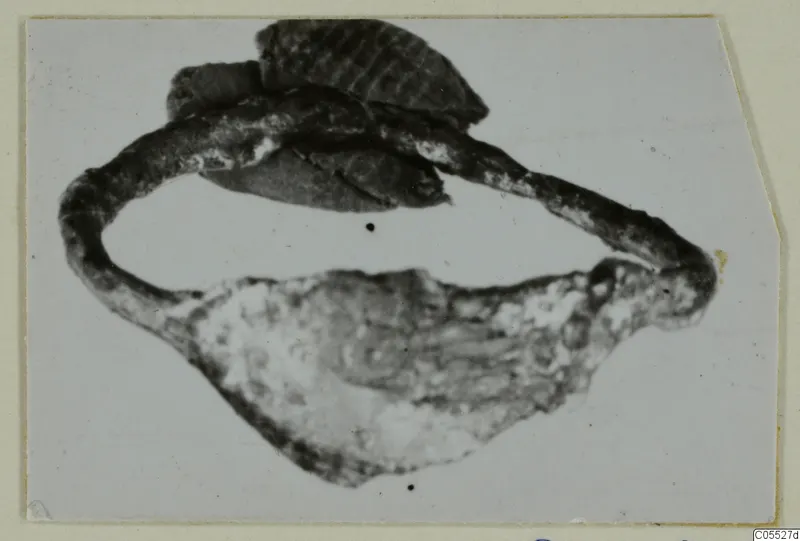 Corroded metal find recorded as silver: a curved band with a flattened plate at one end, on a pale background