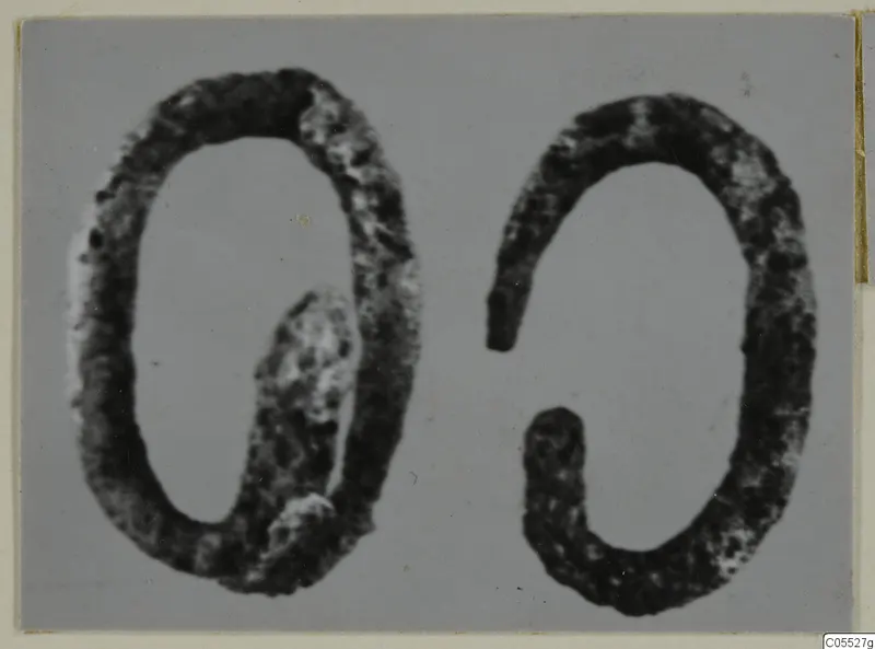 Two dark, corroded silver rings lying side by side on a grey backdrop
