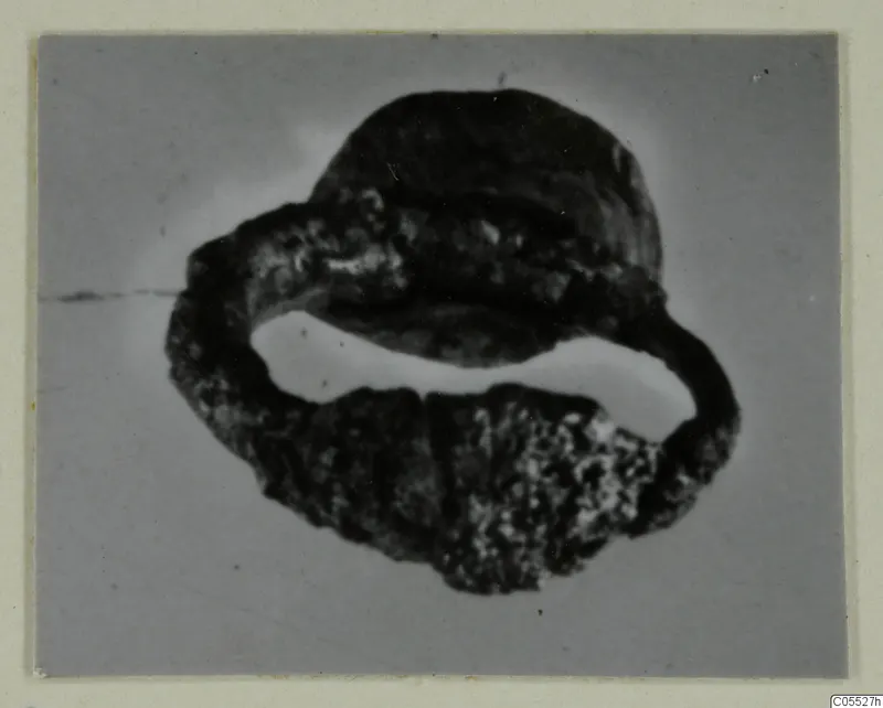 Silver ring from Marion tombs 31–45, seen at a steep angle against a plain grey background