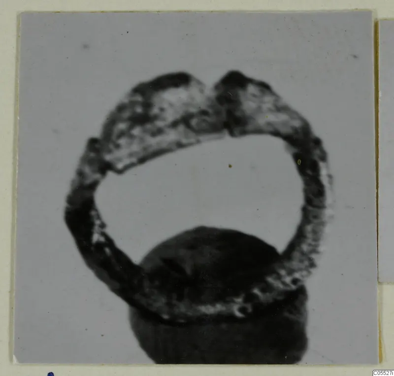 Silver ring with a broad hoop and raised shoulders at the top, photographed standing on a dark rounded base.