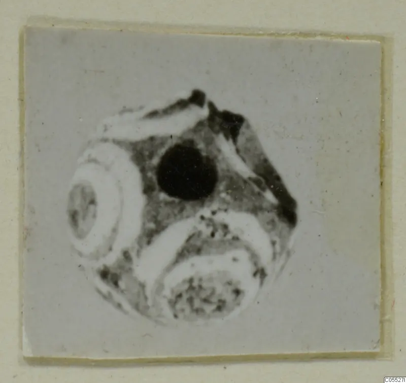 Round bead-like object with a large dark hole, from Marion, Tomb 26, shown on a card mount