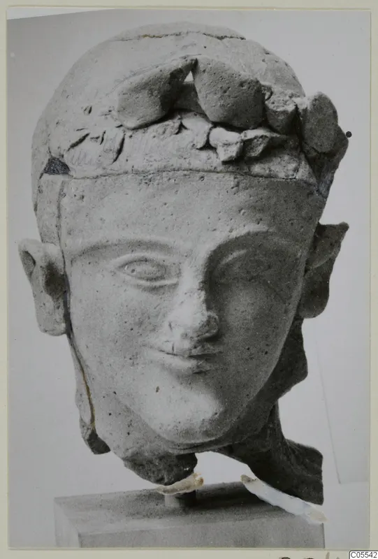 Head of a statue from Mersinaki with a band of raised shapes across the crown, shown from the front on a block base.