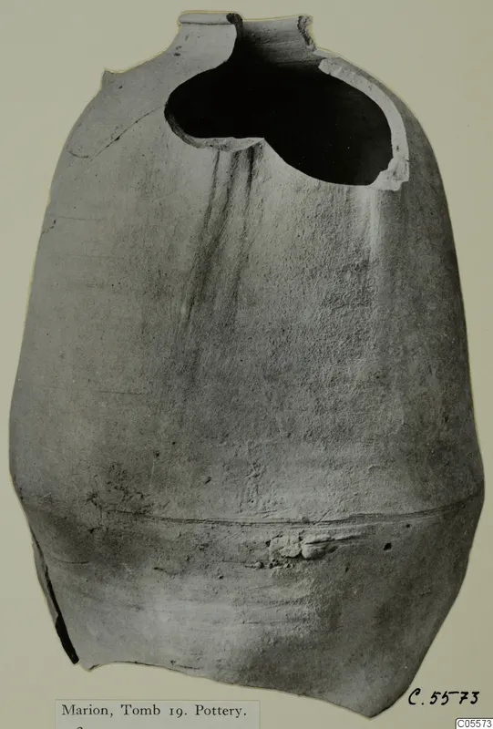 Large pottery container from Tomb 19 at Marion, with a broken neck and open mouth.