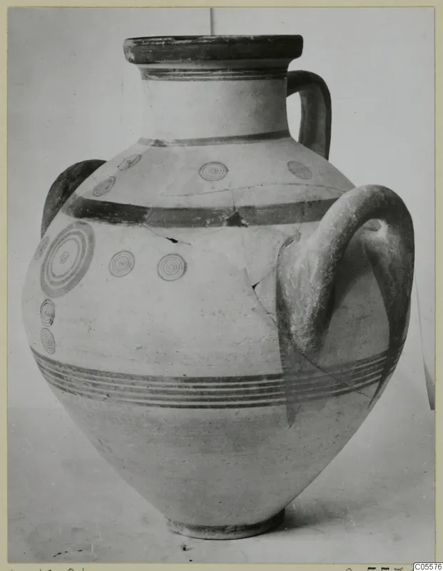 White Painted IV amphora with rows of painted concentric circles and dark horizontal bands