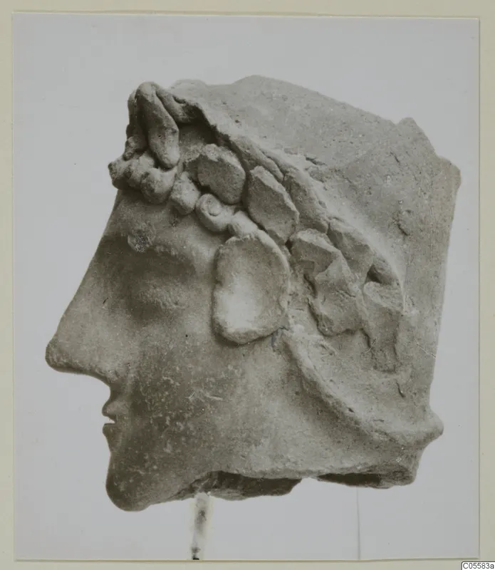 Fragment of a head in profile facing left, with rounded curls or ornament along the brow and side, against a plain backdrop.