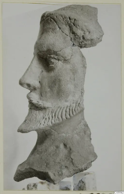Carved stone head in profile with a curled beard, from Mersinaki