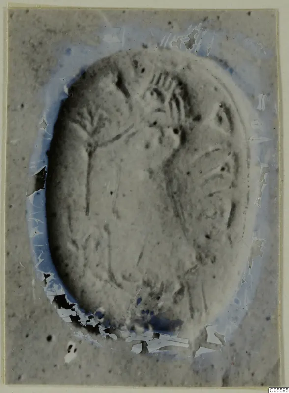 Oval engraved seal or gem with incised lines and a branching motif, photographed on a grey card