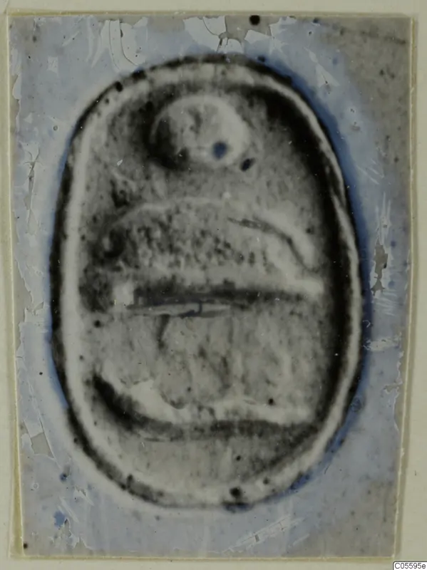 Oval seal or gem with a carved design, a rounded form near the top, shown on a damaged blue-grey mount.