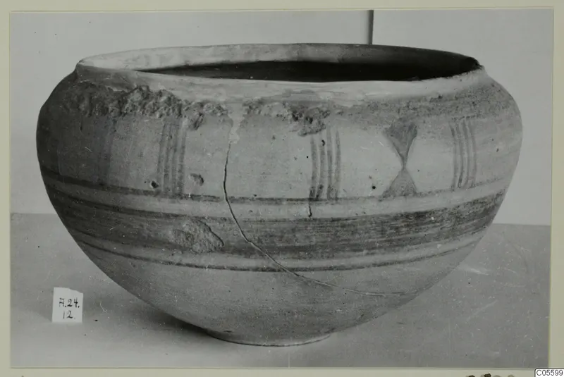 Pottery Polychrome Lustrous Foreign bowl with painted bands and vertical strokes, shown on a plain surface
