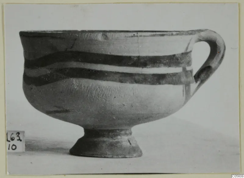 White Painted I bowl from Marion, with two dark bands and a loop handle, shown in side view