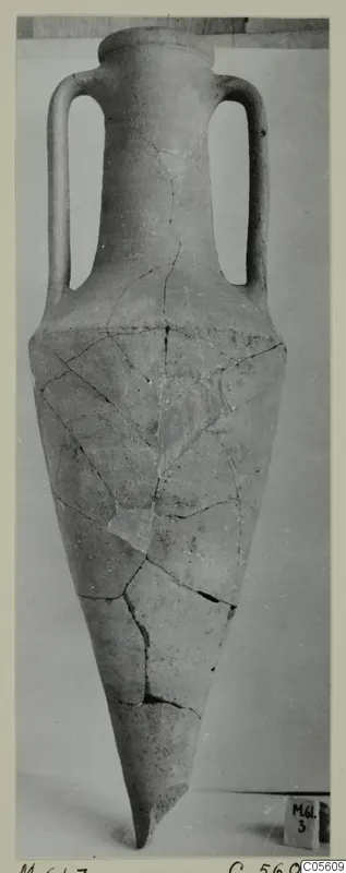 Two-handled pottery amphora with a pointed base, mended from broken pieces, from the Marion tomb finds