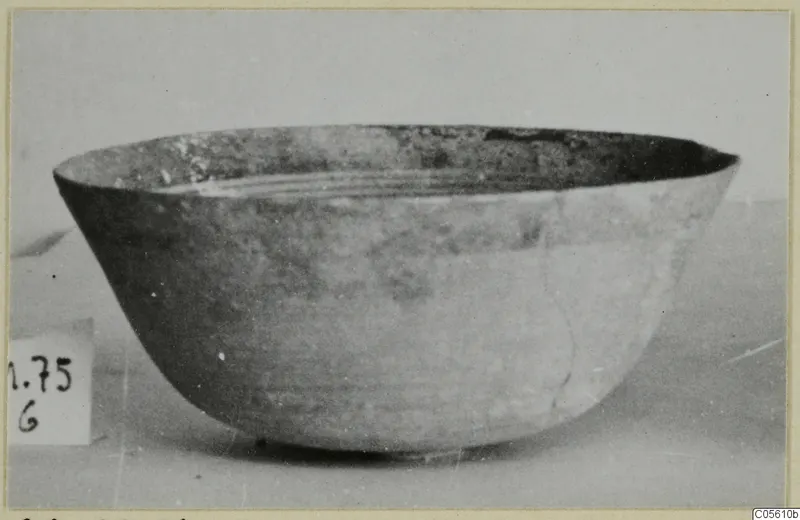 Pottery bowl with a flaring wall and smooth surface, photographed in side view beside a number label.