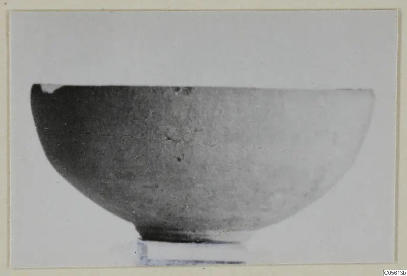 Pottery bowl seen from the side, with a crack running across its body