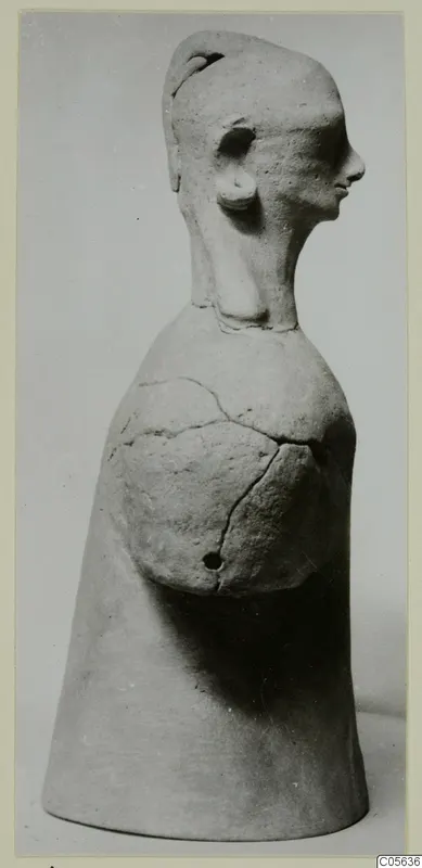 Terracotta figurine of a human head on a bell-shaped body, seen in side profile, from Ayia Irini.