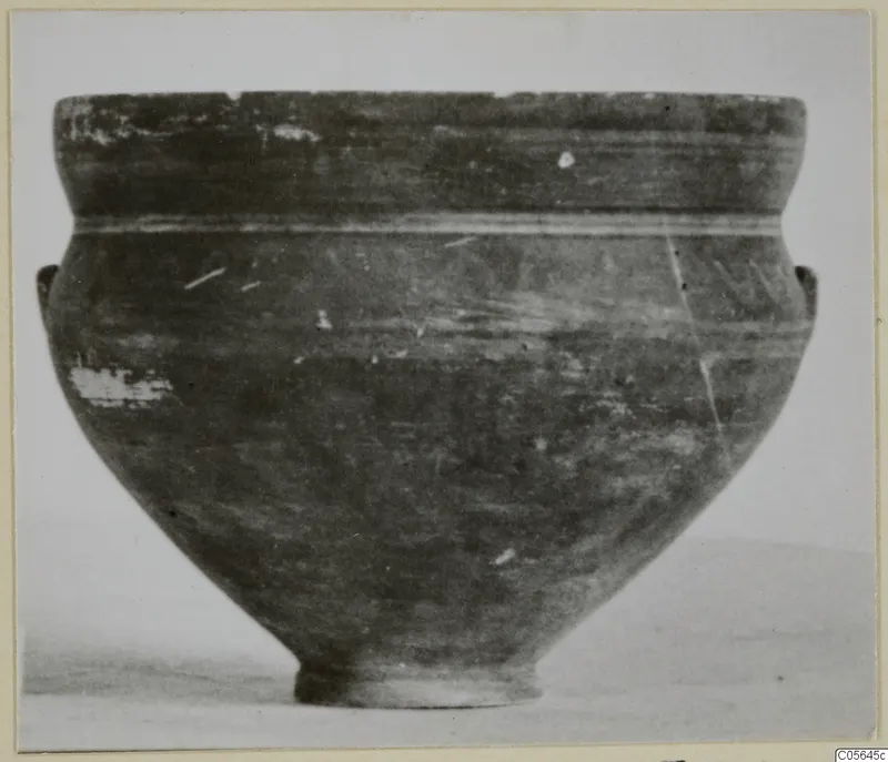 Pottery bowl with wide rim, two small lug handles and a pale line around the upper body, photographed against a plain background.
