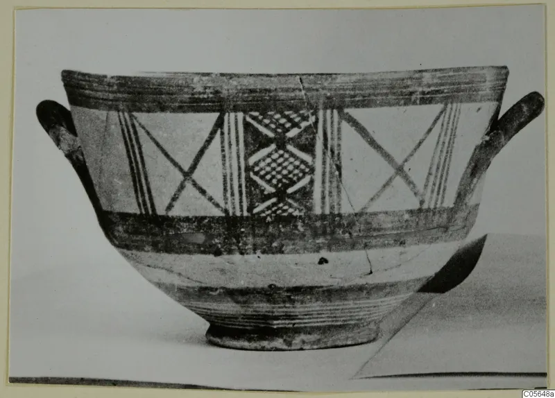 White Painted III-1 bowl with two handles, painted bands and cross-hatched panels on the body
