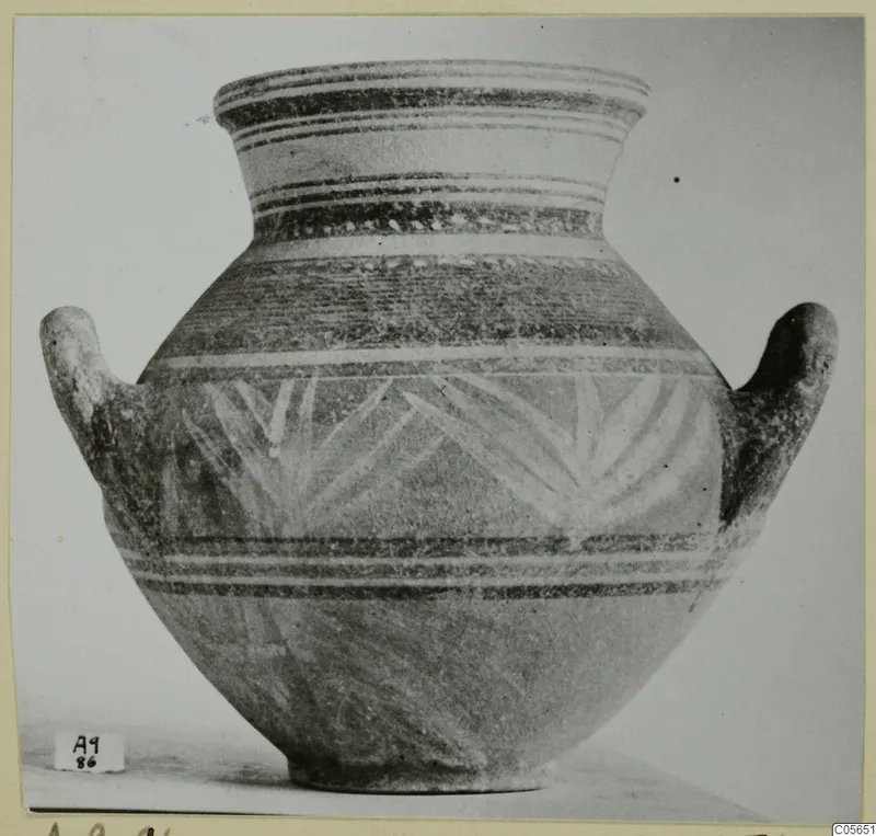 Two-handled vessel with painted horizontal bands and a leaf-like pattern on the body, from Amathus