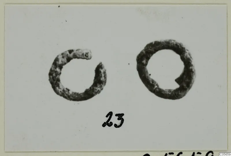 Two silver hair-rings from Marion, photographed on a pale card with a number label below.