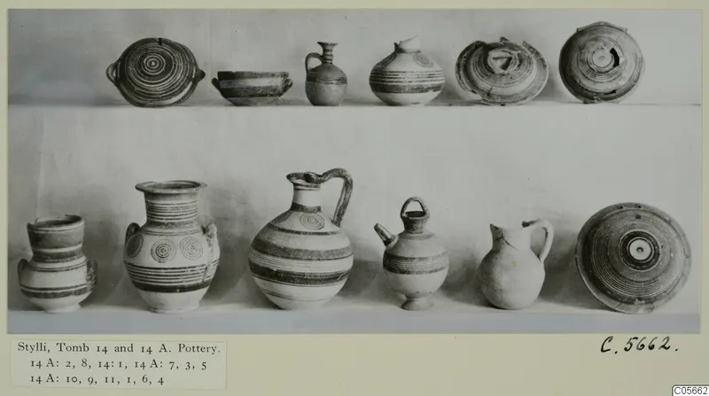 Pottery from Stylli, Tomb 14 and 14 A: two rows of banded jugs, bowls, jars and dishes