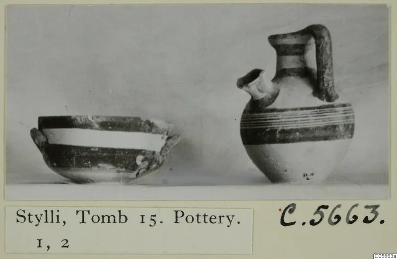 Two pottery vessels from Stylli, Tomb 15: a shallow bowl and a juglet with a strap handle and banded decoration