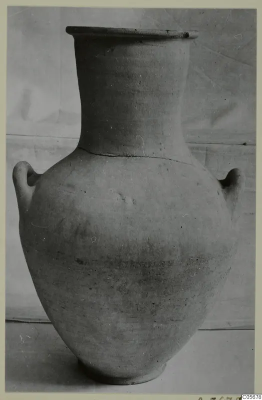 Pottery jar with a flared rim, a narrow neck and two small loop handles.
