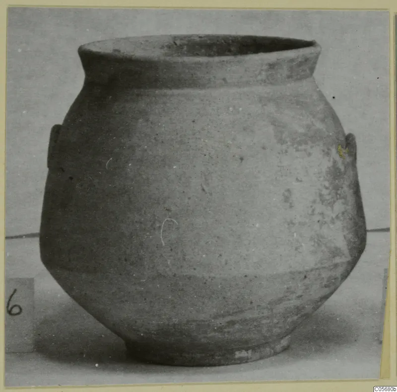 Pottery jar with a wide mouth, rounded body and two small lug handles on the shoulder, against a plain background