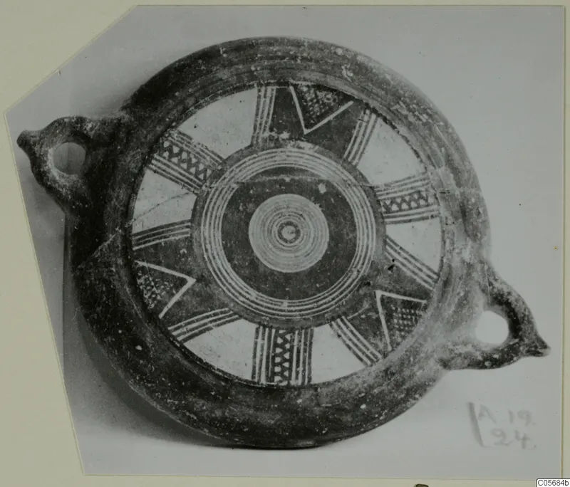 Black Slip Bichrome plate from Amathus, decorated with white concentric circles and radiating bands