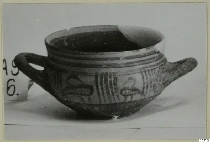 Pottery Special Wares bowl from Amathus with two handles, painted bands and two stylised birds