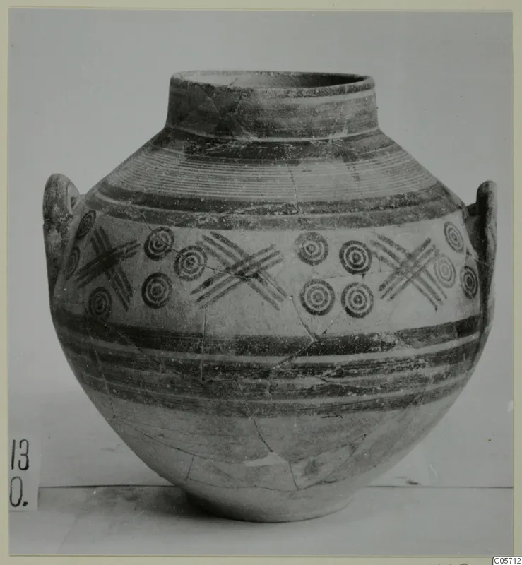 Pottery Bichrome III amphora from Amathus, with bands and concentric circles and crossed strokes painted on the body