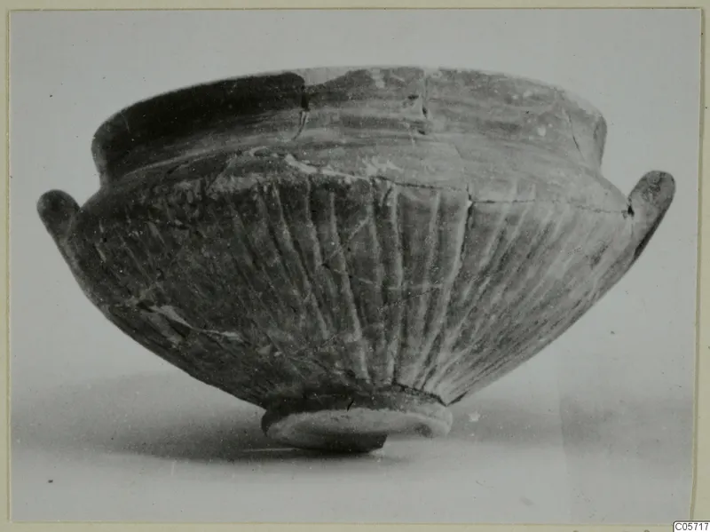 Black Slip bowl with two small handles and vertical fluting on the body, from Amathus tombs 10–26