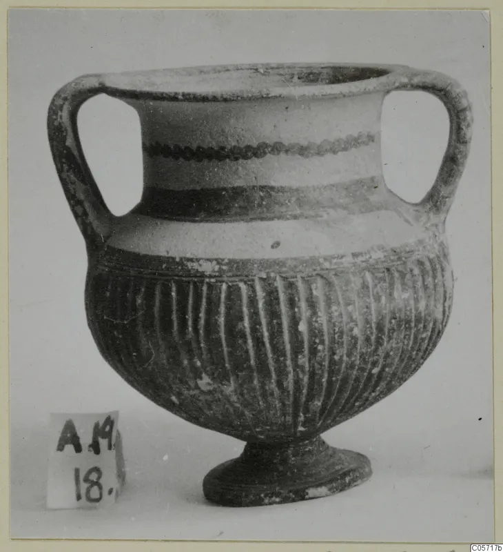 Two-handled footed vessel with a fluted lower body and painted bands, from Amathus