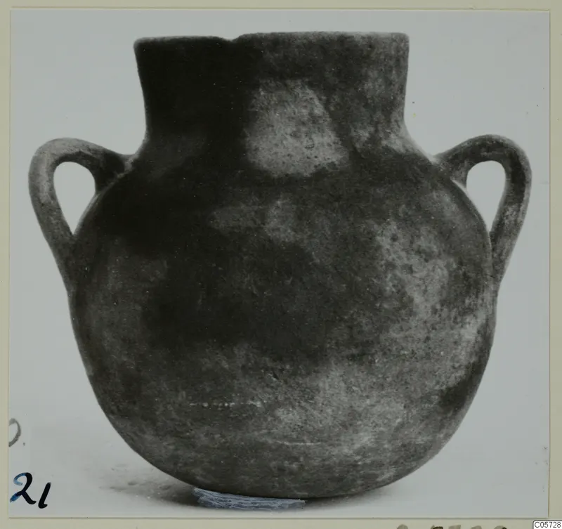 Two-handled round-bodied pottery jar with a wide neck, shown against a plain background.