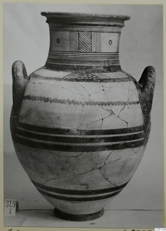 Pottery Bichrome III amphora with painted bands, cross-hatched neck panels and a zigzag shoulder band