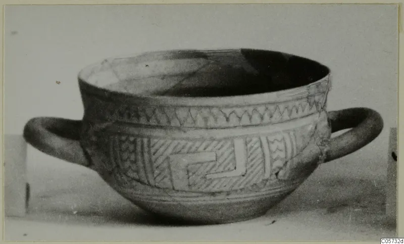 Two-handled bowl with zigzag and hatched bands of decoration on its body