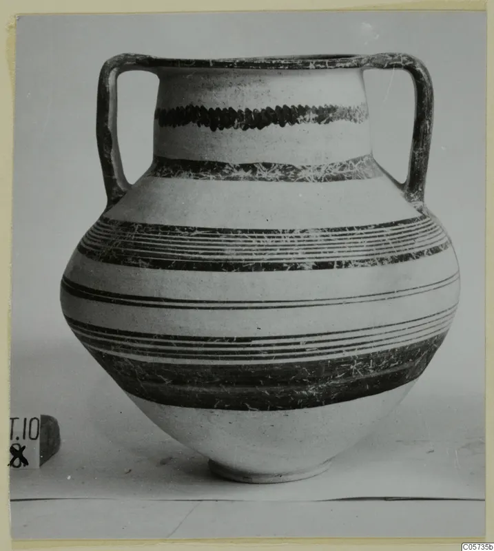 Pottery White Painted IV: two-handled jar with dark painted horizontal bands and a zigzag band on the neck
