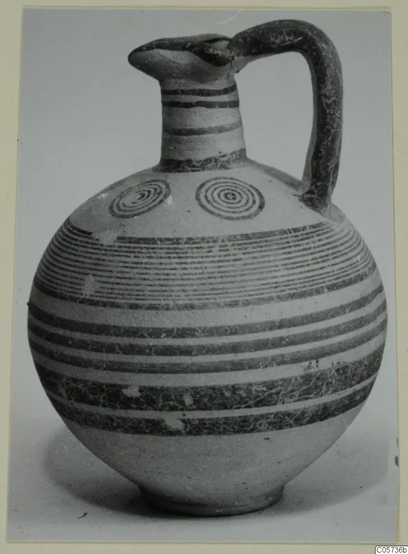 Jug with a globular body, horizontal painted bands and two concentric circles on the shoulder, Bichrome IV pottery