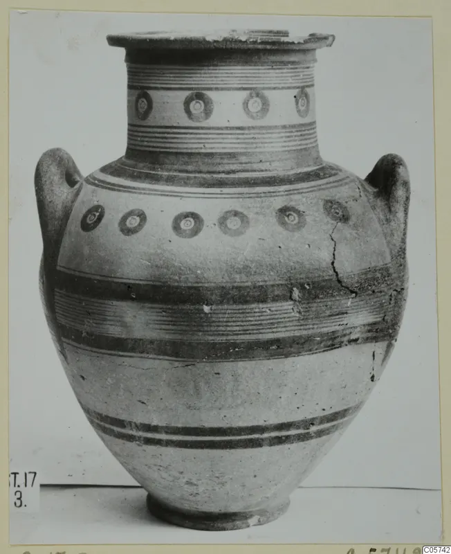 Pottery Bichrome IV amphora-crater with two handles, banded body and ring motifs on neck and shoulder