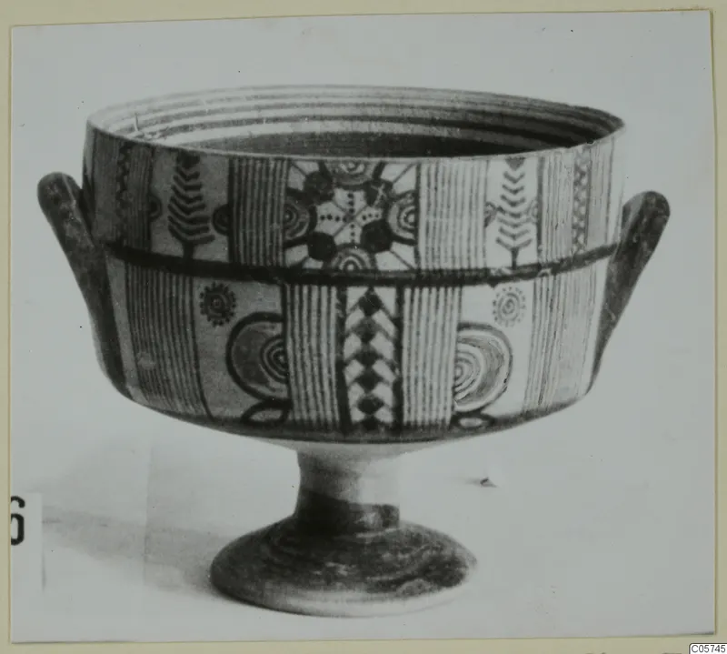 Pottery Bichrome IV, Plate - Jug: a footed bowl with two side handles and painted bands