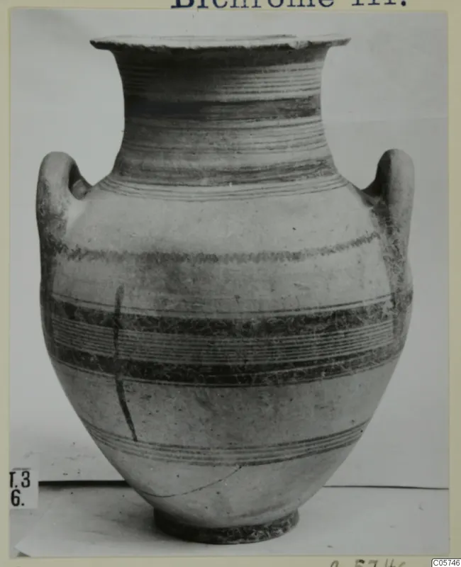 Two-handled jar with horizontal bands of dark paint, photographed for Pottery Bichrome III