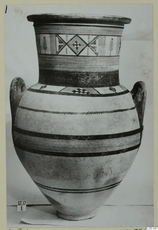 Pottery Bichrome IV amphora-crater with two handles, painted geometric panels on the neck and horizontal bands on the body