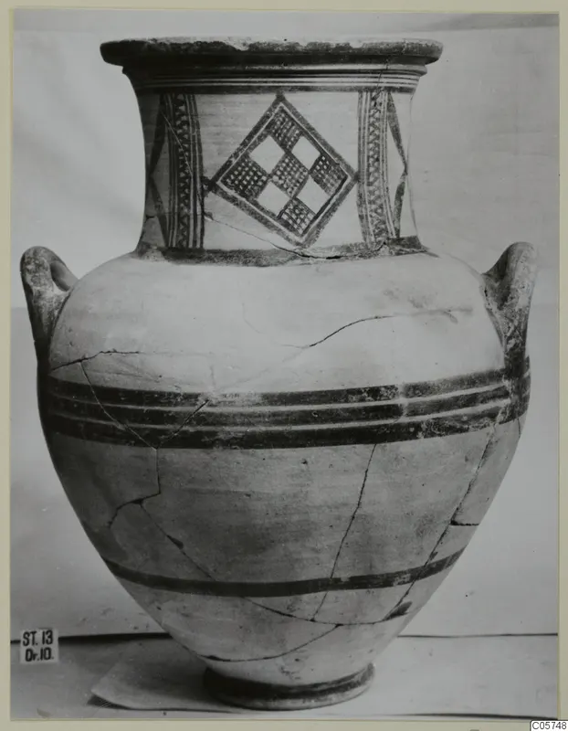 Pottery Bichrome III amphora with two handles, painted checkered lozenge panel on the neck and dark horizontal bands on the body