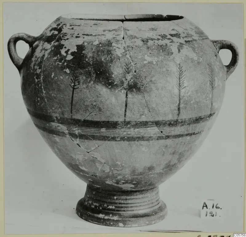 Pottery vessel with two loop handles and painted bands with sprig motifs, from Amathus